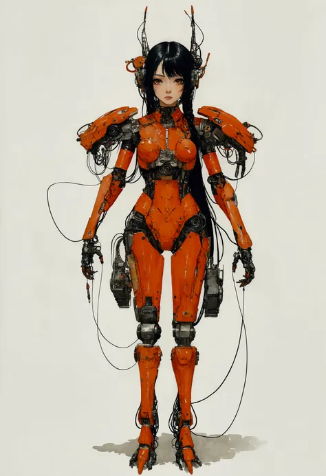 the style of kawanabe kyosai、female character design wearing an orange cybernetic exoskeleton、black hair、hime cut、concept design...