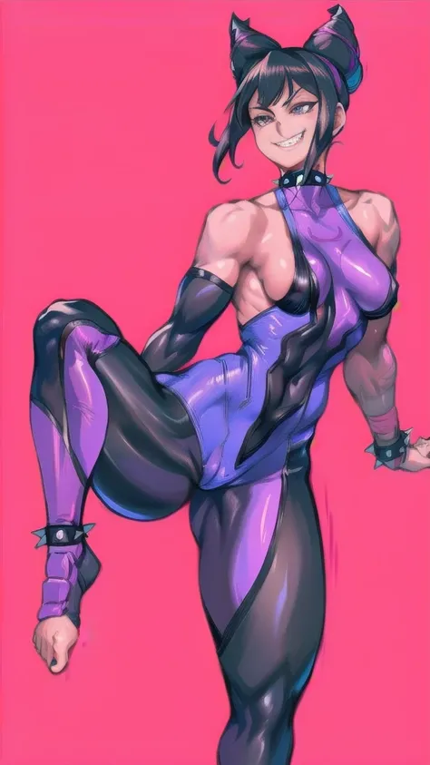 Full body image of Juri Han from Street Fighter 5, wearing her original outfit (black and purple bodysuit with spiked accents, barefoot with taped feet, and arm guards), short black hair styled in twin buns, female body, athletic and flexible body, dynamic...