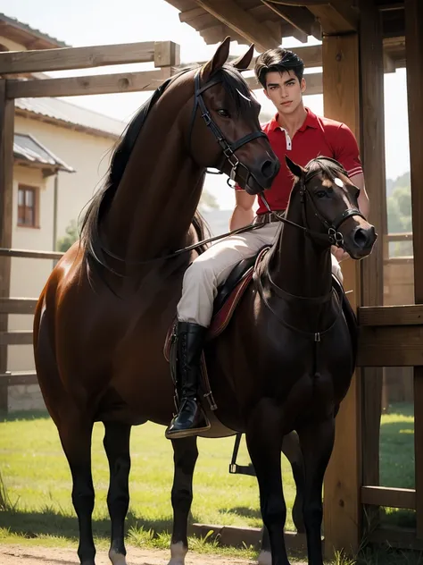 portrait headshot of a A tall handsome 27 year old man in a red and white long sleve polo shirt and white ridding pants and knee length  black boots. Holding a black horse by the harness with his left hand. He has black hair with a 70s-Inspired Shag brown ...