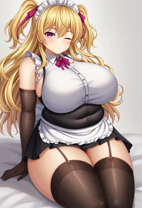 (One girl)、medium length hair、(sidelock)、((Blonde))、(slan eyes)、（boyish）、cute、(Big super breasts)、((Chubby))、Maid、No sleeve、mini skirt、White sleeveless、thigh-high socks thighhighs、(long gloves)、hairs between eyes、(coarse hair)、[flipped hair]、pink eye、expre...