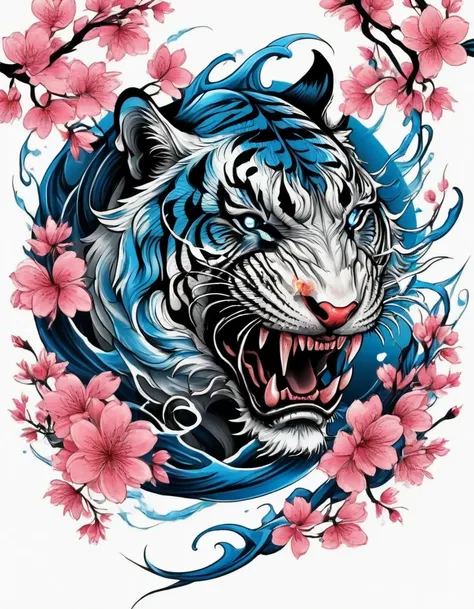 traditional japanese tattoo design, realistic tattoo art of orange tiger with (((blue eyes))) with pink sakura petal effect ,he ...