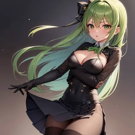 One girl, alone, Long Hair, chest, View your viewers, bangs, skirt, gloves, Long sleeve, ribbon, Hair between the eyes, Mouth closed, Green Eyes, hair ribbon, pantyhose, Cowboy Shot, hair band, , Green Hair, black gloves, see-through skirt, leotard, black ...