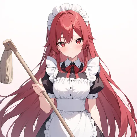 Clear for content,maid woman,high quality,dark red to red hair,red eyes,red maid dress,holding mop,perfect face,adult,long hair,nice background,perfect light,high detailed eyes,adult woman,28 years old,high detailed character,Very long hair