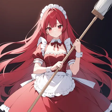 Clear for content,maid woman,high quality,dark red to red hair,red eyes,red maid dress,holding mop,perfect face,adult,long hair,nice background,perfect light,high detailed eyes,adult woman,28 years old,high detailed character,Very long hair