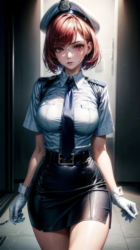 policewoman uniform, light blue short sleeved shirt, navy necktie, high waisted miniskirt, belt, white gloves, police hat, handcuffs, absurdres, RAW photo, extremely delicate and beautiful, masterpiece, Best Quality, ultra high resolution, 32k, hyperrealis...