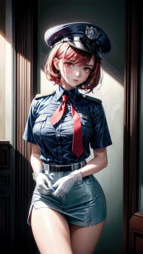 policewoman uniform, light blue short sleeved shirt, navy necktie, high waisted miniskirt, belt, white gloves, police hat, handcuffs, absurdres, RAW photo, extremely delicate and beautiful, masterpiece, Best Quality, ultra high resolution, 32k, hyperrealis...