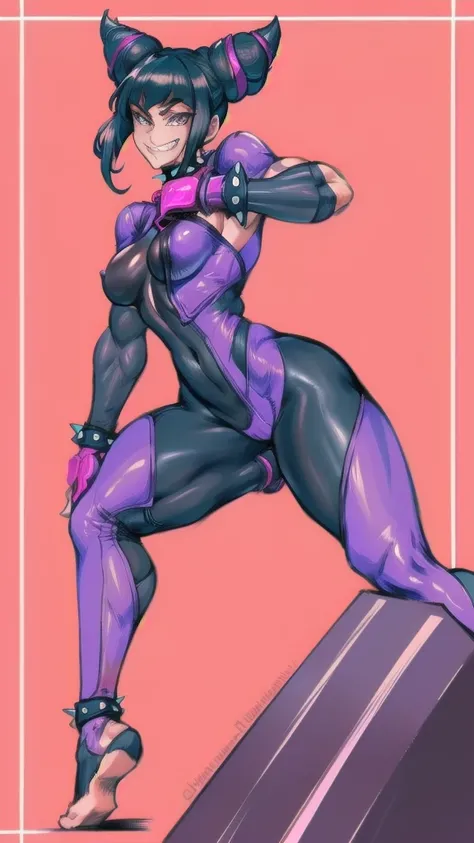 Full body image of Juri Han from Street Fighter 5, wearing her original outfit (black and purple bodysuit with spiked accents, barefoot with taped feet, and arm guards), short black hair styled in twin buns, female body, athletic and flexible body, dynamic...