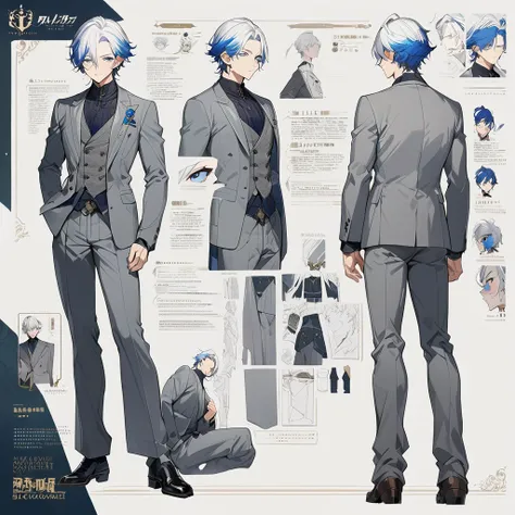 Grey suit、Blue Hair、((masterpiece, Highest quality)), male, maleの子, Detailed face, Character design sheet， Full Body, Full of details, Front view, Back view, Very detailed, depth, Many parts, maleの子 with white hair，Handsome, Scholar&#39;s outfit, 背の高いmale性...