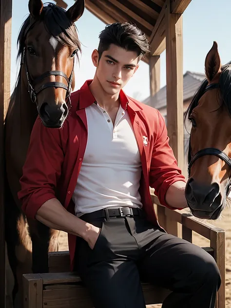 portrait headshot of a A tall handsome 27 year old man in a red and white long sleve polo shirt and white ridding pants and knee length  black boots. Holding a black horse by the harness with his left hand. He has black hair with a 70s-Inspired Shag brown ...