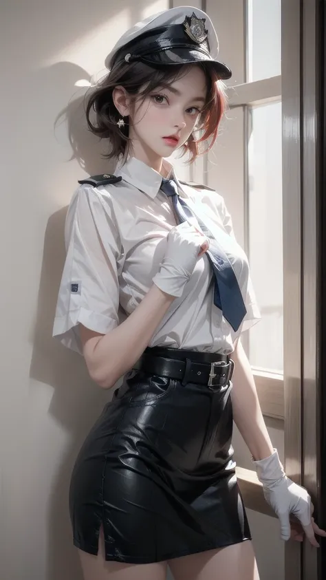 policewoman uniform, light blue short sleeved shirt, navy necktie, high waisted miniskirt, belt, white gloves, police hat, handcuffs, absurdres, RAW photo, extremely delicate and beautiful, masterpiece, Best Quality, ultra high resolution, 32k, hyperrealis...