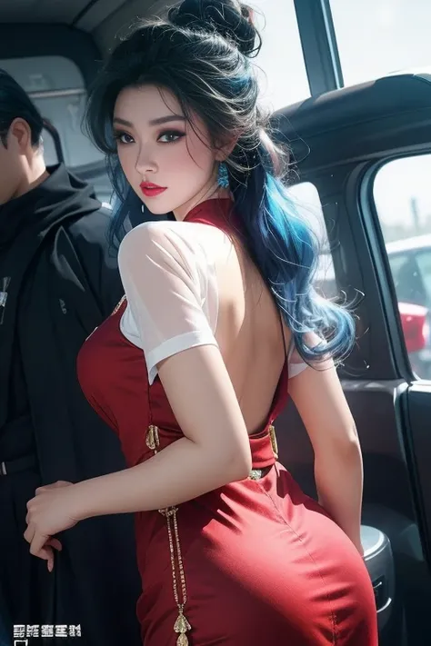 realisticlying, A high resolution, 1 rapariga, blue 💙💜 color hair, korean people, eBlue eyes, The transparent cheongsam is flying，Sheer tight-fitting garments，Beads of sweat dripped down the buttocks，Large chest，Wide buttock， your ass，Butt visible，Visible ...