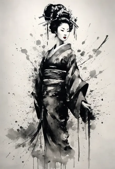 sumi-e style,ink and ink painting,black and white painting,splash,nikole kidman,oiran,