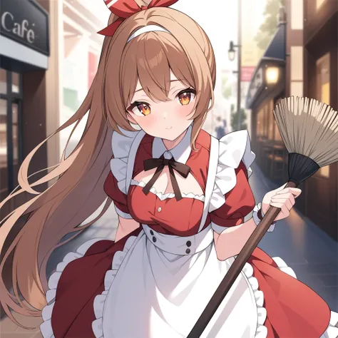 Clear for content,maid cafe woman,high quality,amber hair,amber eyes,amber maid dress,holding mop,perfect face,adult,long hair,cafe background,perfect light,high detailed eyes,adult woman,28 years old,high detailed character,Very long ponytail hair