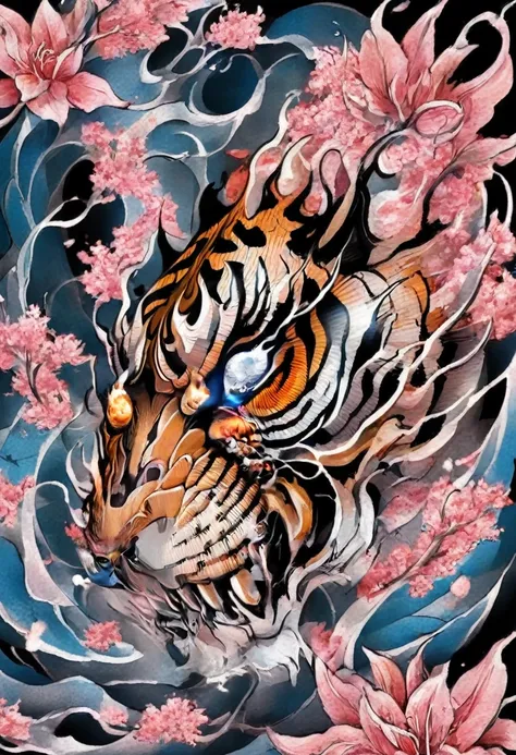 traditional japanese tattoo design, realistic tattoo art of orange tiger with (((blue eyes))) with pink sakura petal effect ,he ...