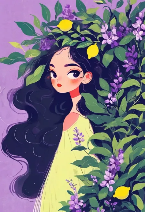 A girl，In the style of illustrator Malika Favre,Rich details,whole body, Lemon and plants, Use bold shapes and simple vector art style, Simple and clean composition,Purple background,