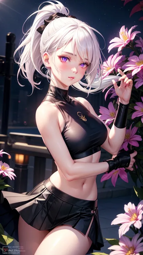 realistic, 1girl, white hair , ponytail , purple eyes , glowing eyes, black crop top, skirt, parted lips, blush, night, flowers, sun, sunlight,
