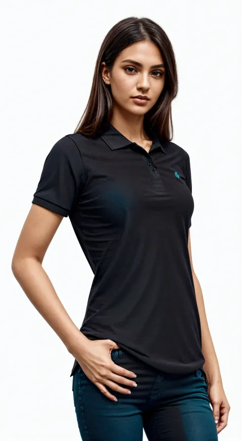 a woman in a blackw shirt polo and jeans posing for a picture, wearing polo shirt, blackw, wearing a dark blue polo shirt, collar shirt, manga curta, antracite, meia imagem, perfect  detail, detailed photo, detailed photo com zoom, Full-body close-up, shot...