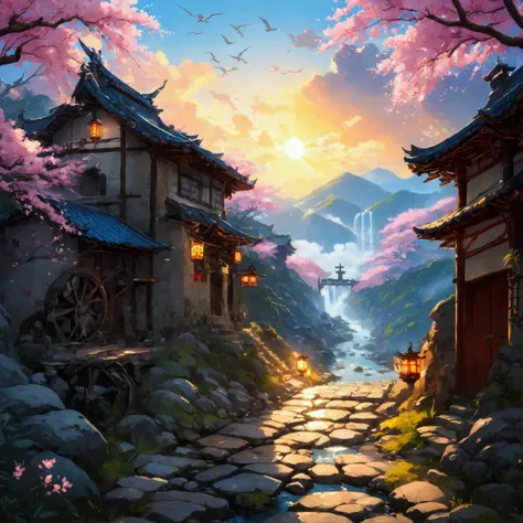 dim、town、Brick construction、building、Tile roof、chimney、steam locomotive、line、rickshaw、Lantern、Lantern、Cherry blossom trees、warrior、knife、kimono、Dress、Western-style architecture、church、Brick Road、Cobblestones、well、Waterwheel、river、bridge、bamboo forest、Mount...