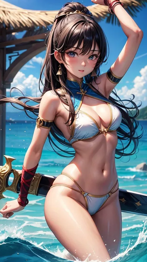 Beautiful Asian girl, 18 years old, light bikini knight girls, sexy lady, medium breasts, camel toe, long sword,