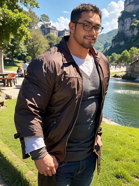 crew cut, (((full body))), (((landscape))), mature man, [slightly fat], asian man, rounded face, brown eyes, ((rounded face)), glasses, balding, 1boy, Solo, (big shoulders), (((stubbles, Short beard))), hd, fantasy background, wizard