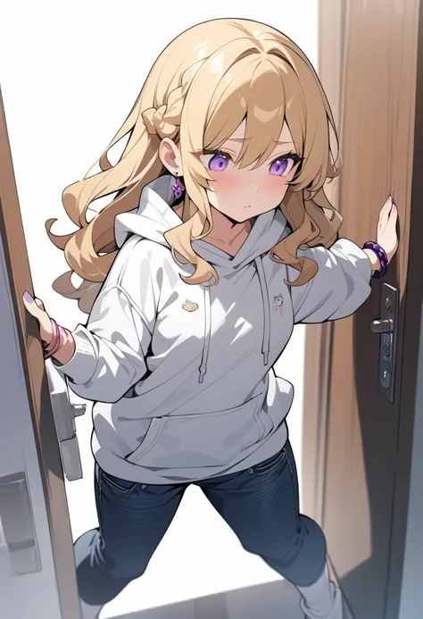 masterpiece, best quality, very aesthetic, absurdres, flat anime, 2D, anime taste, anime paint, (2d illustration:1.2), ((chibi)), deformation,
1girl, blonde hair, (semi-long hair:1.2), curly hair, french braid, medium breasts, tsurime, purple eyes,
white h...