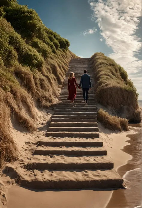 A couple walk along the sea beach, full body, movie style, love scene,  Adobe lightroom, resemble the series Stairway to heaven , love scene, happily , embrace each other, 8k quality, photo realistic , high resolution, 