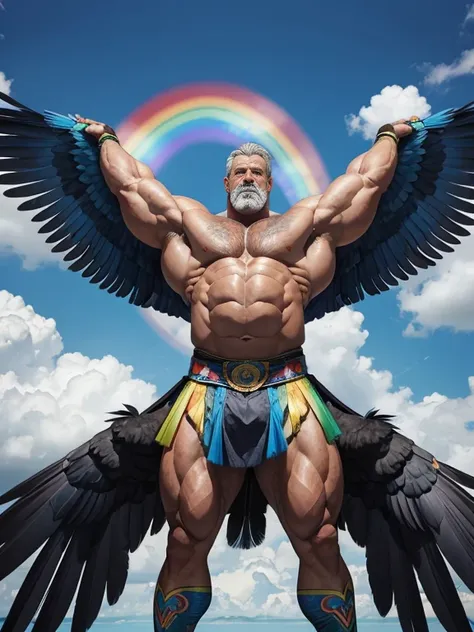 Hyper-realistic image of a macaw superhero with two huge symmetrical rainbow wings, very old and very sweaty gray-haired bodybuilder, more than 80 years, very muscular and fat, over 200 kilos, with bare torso, large and flaccid pectorals, brown nipples and...