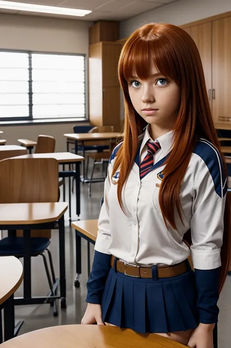 Screenshot of my hero academia. 
Long-haired redhead girl with bangs.
Honey-colored eyes with a serious expression. She is wearing the UA uniform and in the background she has a UA school class and she is sitting at a table