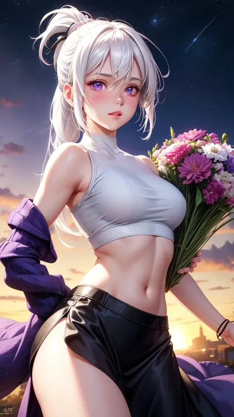 realistic, 1girl, white hair , ponytail , purple eyes , glowing eyes, crop top, skirt, parted lips, blush, night, flowers, sun, sunlight,
