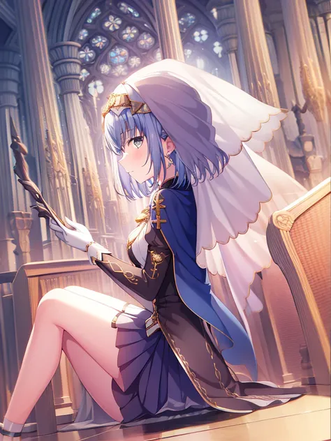 1 girl, ((whole body)), Medium breasts, Solitary, Gray eyes, sleeve, ((Blue Hair)), White gloves, Jewel-like, Looking at the audience, earrings, short hair, sit, Church Background, Knees up, Bangs, Pleated Skirt, cloak, ((veil)),