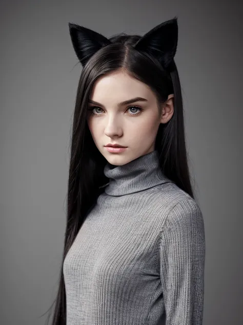 (best quality), 1girl, female, pale skin, (black hair), long hair, straight hair, grey eyes, perfect eyes, slender, tall, turtleneck sweater, (cat ears), stylish, elegant, serious, normal bust, masterpiece, anatomically correct, highres
