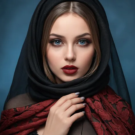 Beautiful veiled girl with long hair, hair sticking out from under the scarf. Big and beautiful black eyes, very high quality and very realistic, dark red lips and black pantyhose, bent down and big breasts, head in profile, flirting with closed eyes, long...