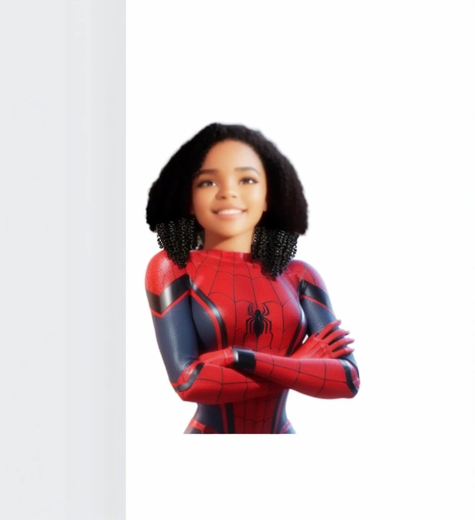 9 year old black girl with curly hair down to her shoulders, she is standing with her arms crossed in the spider woman outfit. she is happy. best image quality, 3d style.