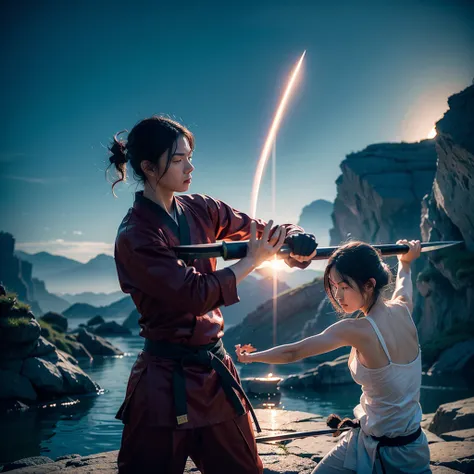 Create a meditative image of two super geniuses dueling two characters in a stunning martial arts landscape., This swordplay art piece needs fantastic lighting as it flies around