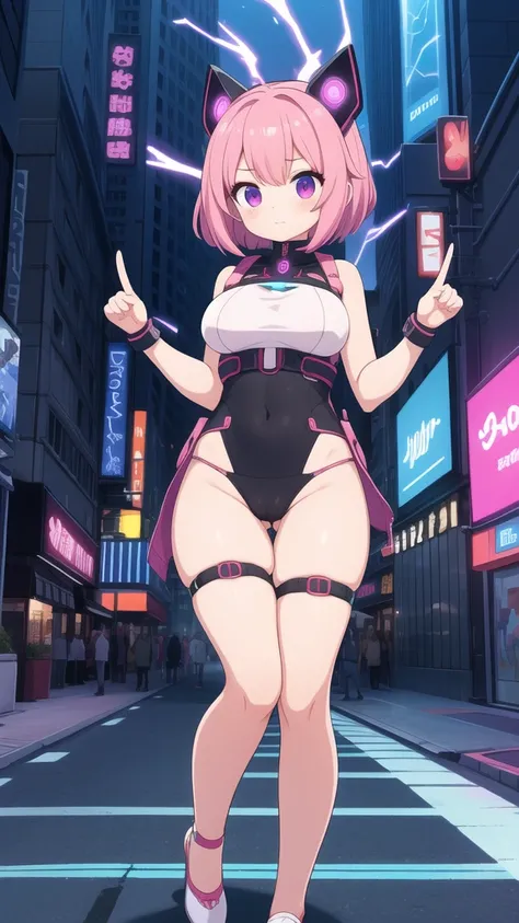 masterpiece, best quality, ultra detailed, anime style, Within a high-tech city, a cute girl commands electricity, sparks cascading along her fingertips. Her cyberpunk-inspired outfit, with circuit-like patterns, resonates with the neon-lit surroundings as...