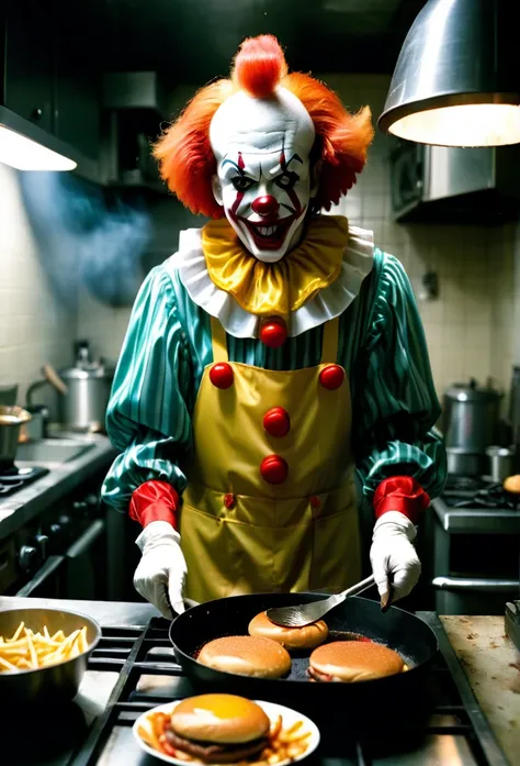 a scary clown looking like Ronald McDonald, frying burgers in a small kitchen, candid 35mm shot, motion blur, cinematic expired slide film, detailed facial features, hyper-realistic, dark moody lighting, gritty grungy atmosphere, vivid colors, detailed tex...