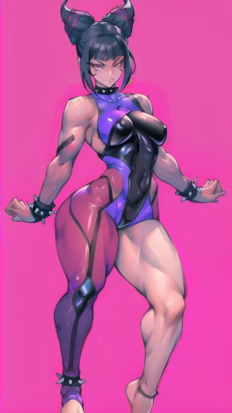 Full body image of Juri Han from Street Fighter 5, wearing her original outfit (black and purple bodysuit with spiked accents, barefoot with taped feet, and arm guards), short black hair styled in twin buns, female body, athletic and flexible body, dynamic...