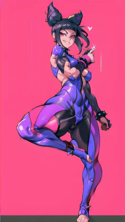 Full body image of Juri Han from Street Fighter 5, wearing her original outfit (black and purple bodysuit with spiked accents, barefoot with taped feet, and arm guards), short black hair styled in twin buns, female body, athletic and flexible body, dynamic...