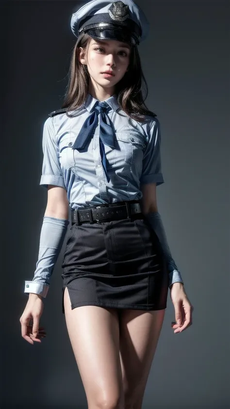 policewoman uniform, light blue short sleeved shirt, navy necktie, high waisted miniskirt, belt, white gloves, police hat, handcuffs, absurdres, RAW photo, extremely delicate and beautiful, masterpiece, Best Quality, ultra high resolution, 32k, hyperrealis...