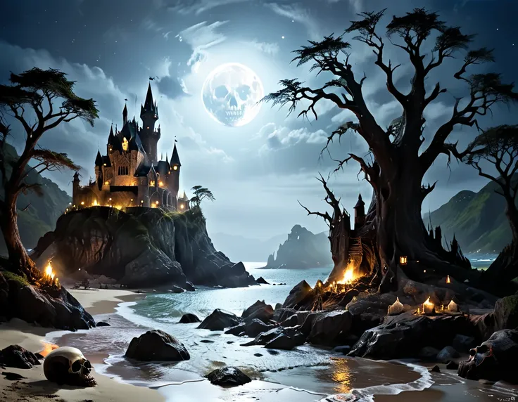 arafed, dark fantasy art, goth art,  an award winning digital picture, National Geographic picture of a dark mysterious island at night, it is night time, a dark island, dark gloomy beach, skull on the beach, some large ancient trees, a dark castle, lit wi...