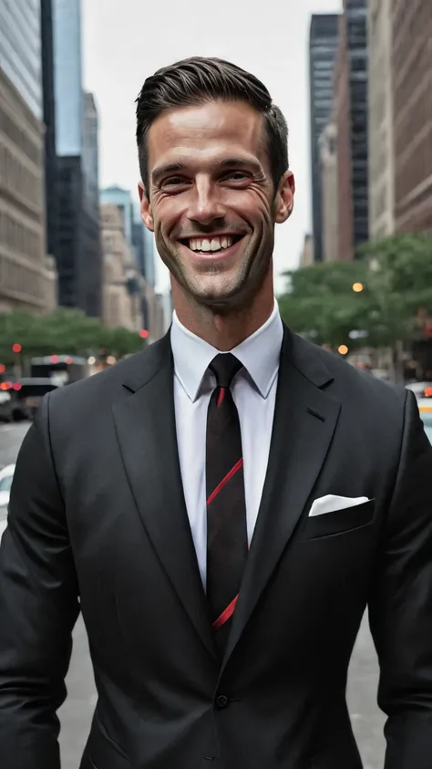 Red tie, black suit, smile, balck short hair