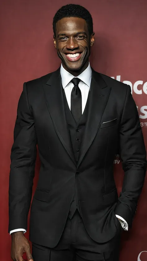 Red tie, black suit, smile, balck short hair