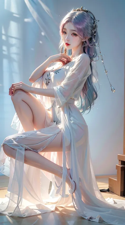 ((Shot in the knee)),（masterpiece、best quality、high resolution），（Colored background，（Splash of Color）），Sweet girl，Light blue and white medium length hair，[Light Blue|pink]hair，curls，shining，红pink的嘴唇，The crack is relatively large，Splash of Color，Volumetric ...