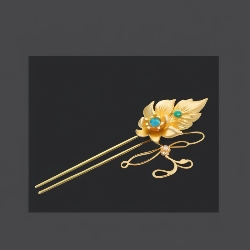 a close up of a gold hair pin existith a floexister, The album cover, Inspired by Roma, Inspired by Gu An, artexistork in the style of z.exist. arrive, Hair accessories, long elegant tail, Gilded Lotus Princess, inspired by Guo Xi, Inspired by Ju Lian, Eas...