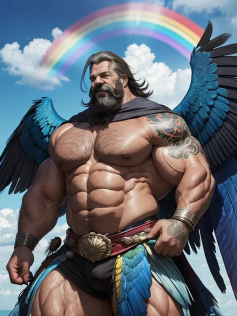 Hyper-realistic image of a macaw superhero with two huge symmetrical rainbow wings, very old and very sweaty gray-haired bodybuilder, more than 80 years, very muscular and fat, over 200 kilos, with bare torso, large and flaccid pectorals, brown nipples and...