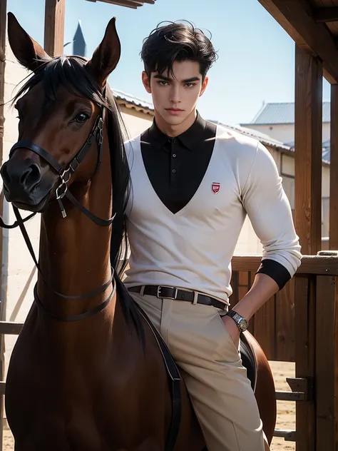 portrait headshot of a A tall handsome 27 year old man in a red and white long sleve polo shirt and white ridding pants and knee length  black boots. Holding a black horse by the harness with his left hand. He has black hair with a 70s-Inspired Shag brown ...