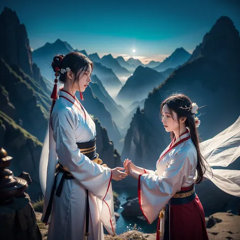 Create a Chinese Classic of Mountains and Seas style Hanfu martial arts drama with two super geniuses dueling and meditating images of the two characters in the stunning martial arts landscape., This sword fighting art is flying around and needs a lighting...