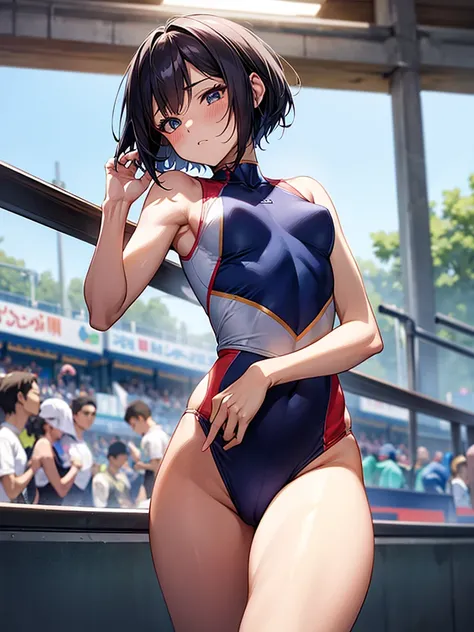 Small breasts、Beautiful and attractive anime woman, Enchanting anime girl, Top rated on pixiv、Short Bob、spats、Exercise clothes、Athletics、Doing a relay、running, camel toe, , ชุดรัดรูป, กางเกงรัดรูป, กางเกงในสีขาว, เปียก,