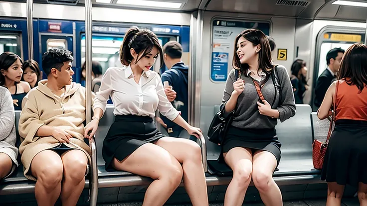 old men grabbing hottie in a short skirt with thick legs in the subway