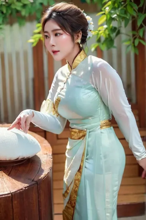 Asian woman putting her palm together to pay respect, wearing Burmese Traditional dress, white blouse dress and brown longyi.